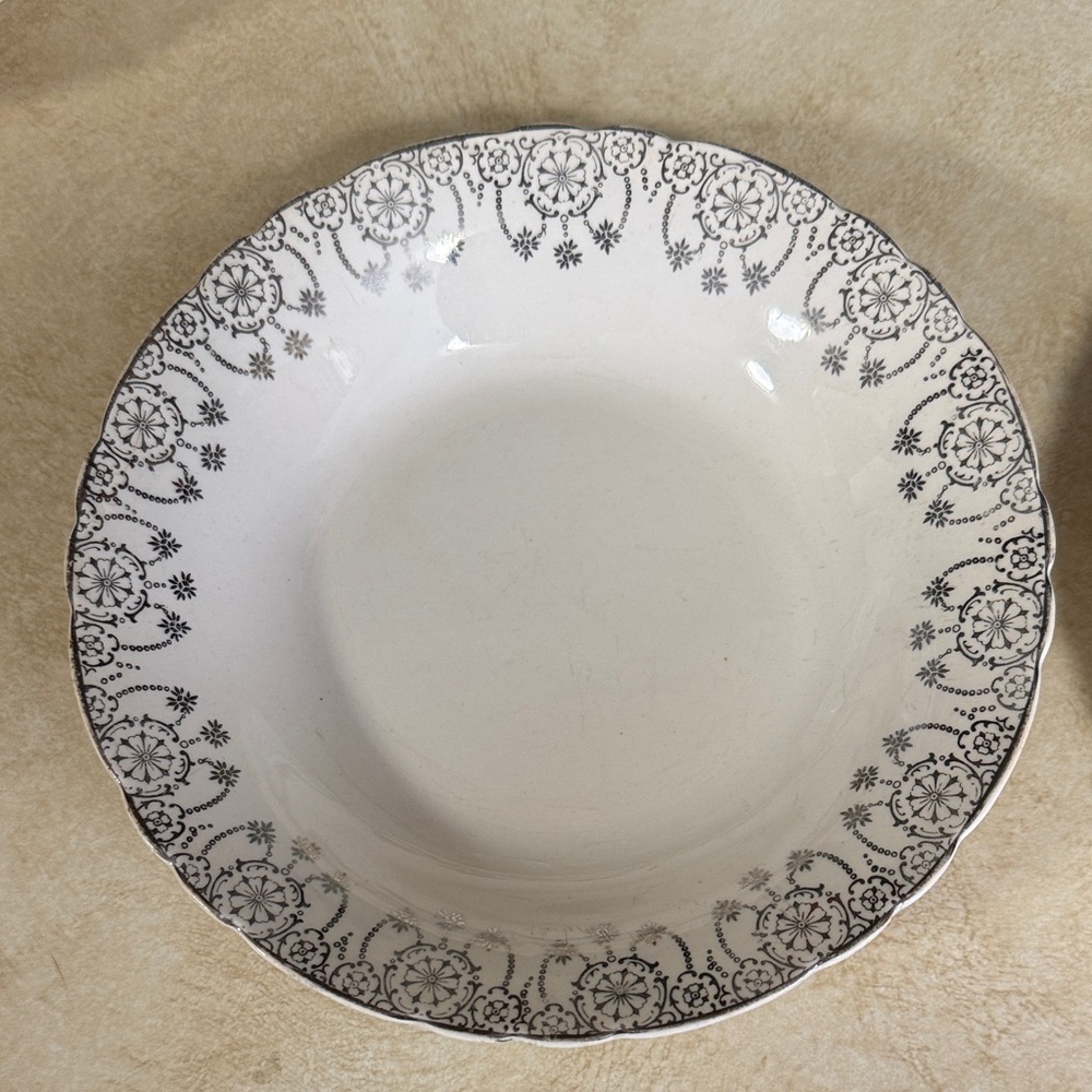 Two Beautiful White and Gray Patterned Dinner Bowls by Imperial China Co.